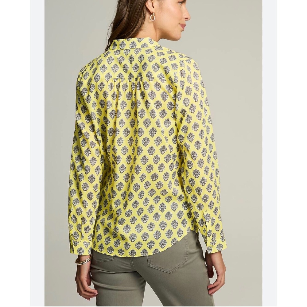 J. Jill‎ One-Pocket Shirred-Back Cotton Shirt Large Yellow Coastal Grandma Boho